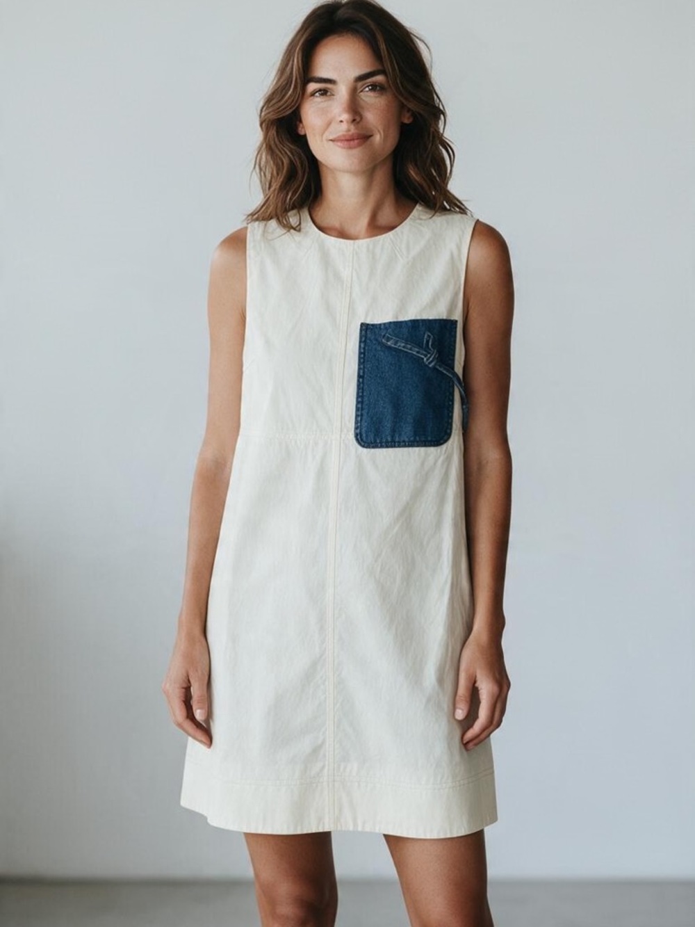 Tanya Taylor Cream Sleeveless Shift Dress with Denim Pocket